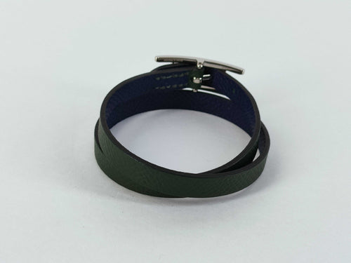 HERMÈS API レザーブレスレット ブラック×シルバー Hバックル 2重巻き